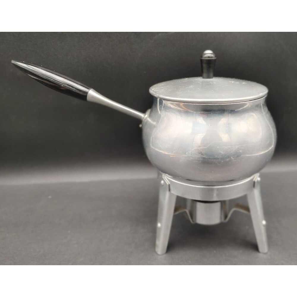 Vintage Fondue Pot Made in Italy Aluminum w/ Warming Stand Small MCM 10x7.5"